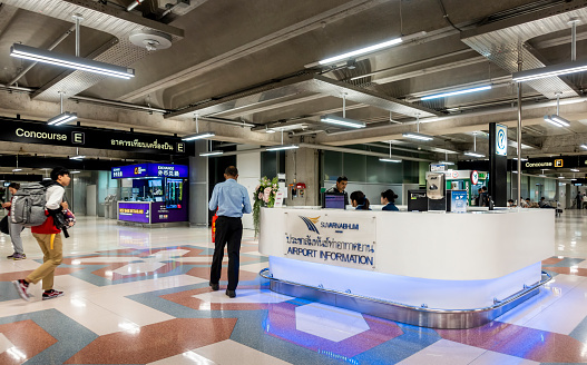 Bangkok, Thailand – Oct 16, 2018: Airport Information station in the Suvarnabhumi International Airport. Located between Concourses E and F. Friendly directory help for newly arrived visitors.
