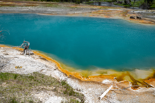 Black Diamond Pool spring, located in the Biscuit Basin, a geothermal feature area of Yellowstone National Park