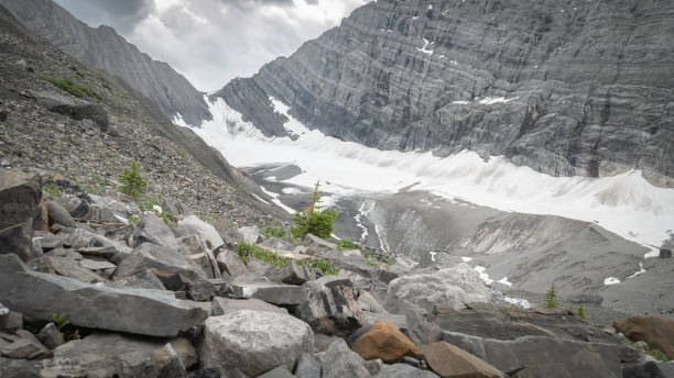 istock Rocky alpine valley with snow 1255657027