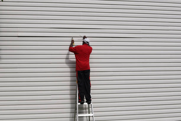 An African-American man on a ladder and fixing vinyl siding on a house stock photo