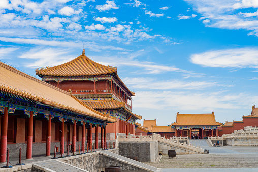 Side view of the Forbidden City corridor and traditional building Palace Tiren Pavilion in Beijing, China
