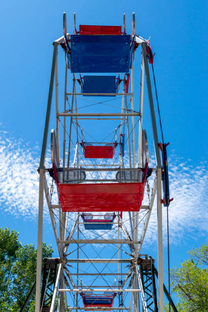 This is a small red, white, and blue Ferris wheel located in a public urban park near tall trees.