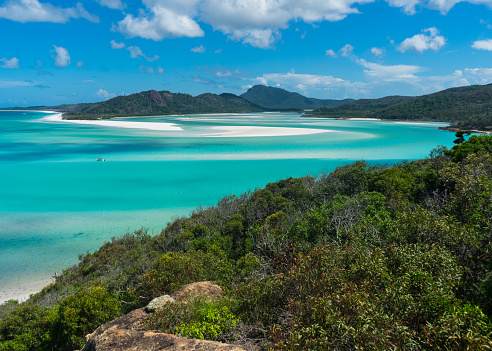 High angle view of turquoise sea and swirling white sand, Whitehaven Beach, Queensland, Australia