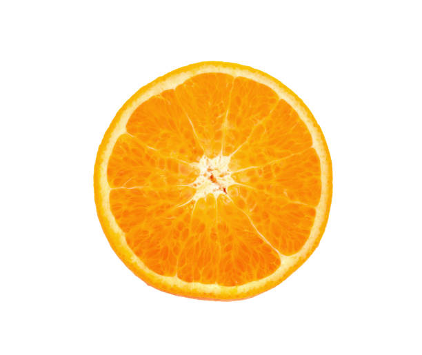 istock Sliced of fresh orange isolated on white 1255669018