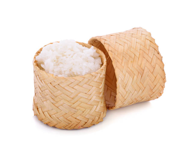 istock Wooden bamboo traditional style box with Thai sticky rice 1255669792
