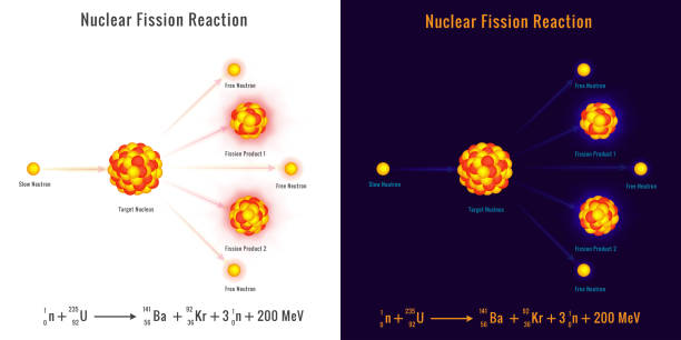 Nuclear fission process vector image nuclear fission reaction vector image. Illustration showing a nuclear fission process. Nuclear energy diagram of nuclear fission reaction. nuclear fusion atoms stock illustrations