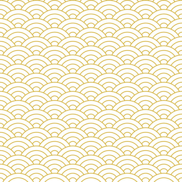 Japanese wave line pattern vector. Seigaiha in gold and white. Seamless luxury ocean waves circles background for wallpaper, textile, or other traditional decorative print. Japanese wave line pattern vector. Seigaiha in gold and white. Seamless luxury ocean waves circles background for wallpaper, textile, or other traditional decorative print. seigaiha stock illustrations