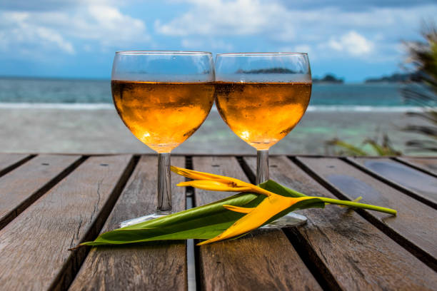 istock Two wine glasses place by the pool overlooking the Indian Ocean 1255671895
