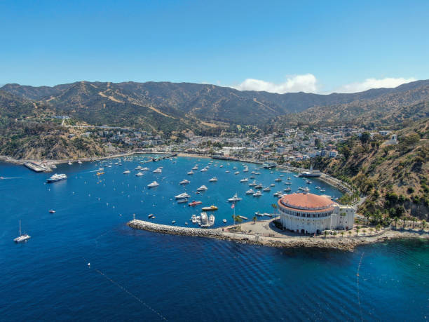 vista aérea de la bahía de avalon, isla santa catalina, estados unidos - avalon california fotografías e imágenes de stock