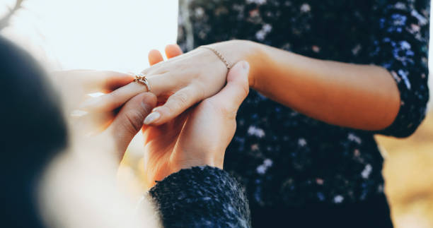 istock Caucasian man on knees asking for marriage his girlfriend while putting on her finger the wedding ring 1255674622
