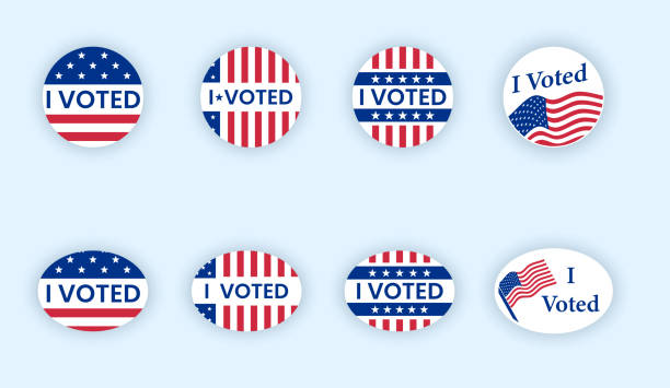 głosowałem naklejki z pochlebne nas amerykańskiej flagi. - president voting badge election stock illustrations