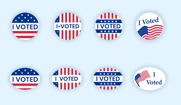 ilustrações, clipart, desenhos animados e ícones de votei adesivo com lisonjeira bandeira americana. - voting usa button government