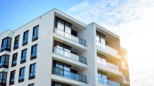 istock Modern apartment buildings on a sunny day with a blue sky. 1255680766