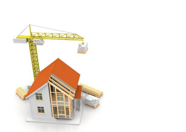 istock House 3d rendering illustration with open interior on top. Blueprints, documents, crane and mortgage calculations. 1255684446