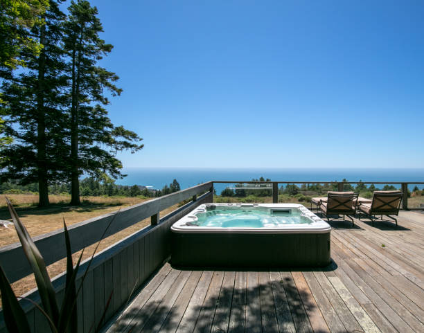 istock Hot tub on deck by ocean in California 1255684485