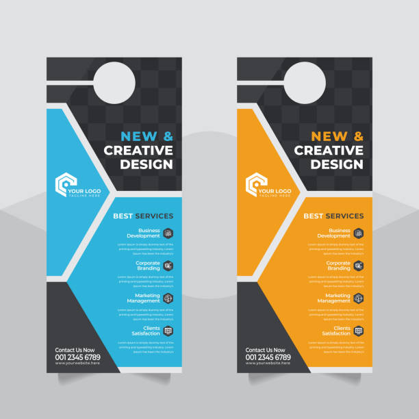 modern Door hanger mockup Door hanger template Cooperate Door Hanger and Flyer concept,- Vector, Corporate Business Flyer, colors scheme, vector template This Corporate Door Hanger Template is perfectly suitable for promoting your Business. This Template is well organized and structured. Images, texts, and colors are fully editable. You can edit them quickly and easily. You can also use this template in multipurpose advertising purposes as well as Corporate door hanger business promotion. roll a door stock illustrations