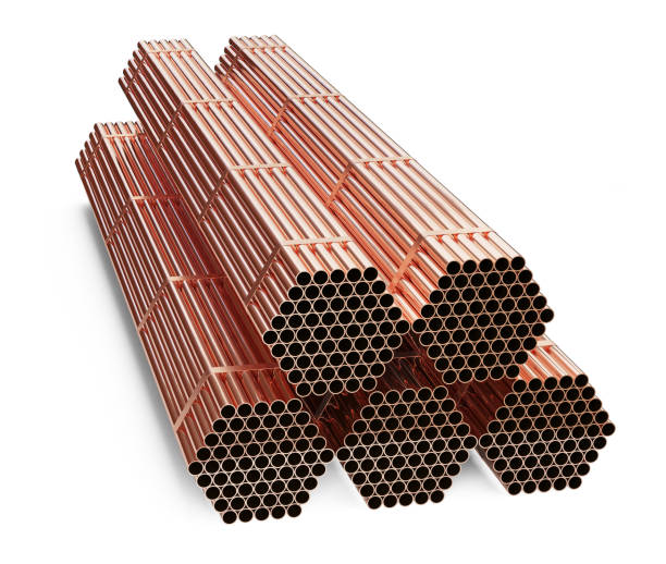 istock Stack of copper pipes isolated on a white background. Clipping path included. 1255689415