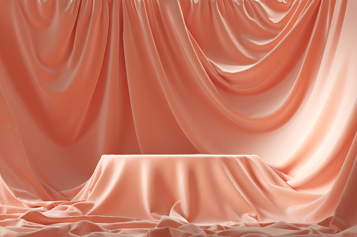 Podio redondo vacío y fondo cubierto con tela rosa. Ilustración 3D photo