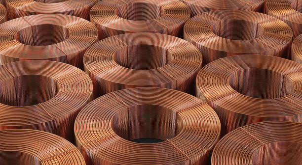 Many copper bobbins, warehouse copper pipes. Many copper bobbins, warehouse copper pipes. 3d illustration. bronze alloy stock pictures, royalty-free photos & images