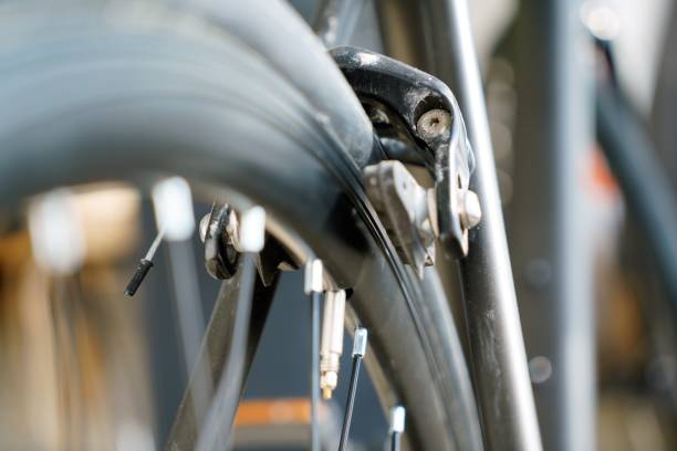istock Close up view on road bicycle wheel 1255689501