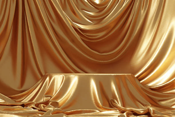 istock Empty interior and podium covered with golden cloth. 3d illustration 1255689631