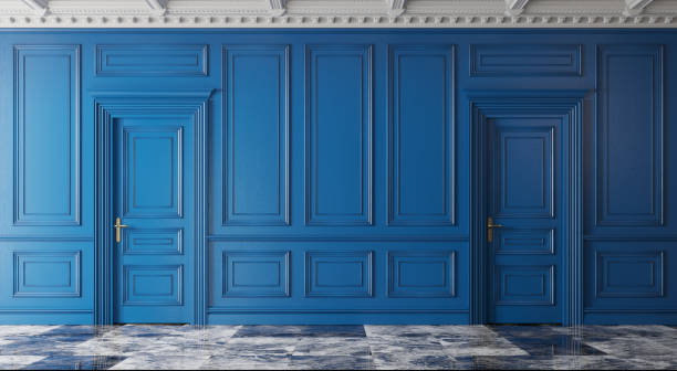 Classic luxury interior with blue walls. 3d illustration Classic luxury interior with blue walls. 3d illustration moulding door jamb wood stock pictures, royalty-free photos & images