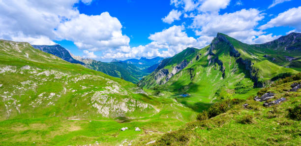 탄하이머 탈의 알플제와 로테 스피체 마운틴을 배경으로 빌살프제, 탄하임, 르우테, 티롤 알프스의 아름다운 산악 경관 - 오스트리아 - rote spitze 뉴스 사진 이미지
