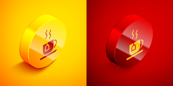 Isometric Cup of tea with tea bag icon isolated on orange and red background. Circle button. Vector.
