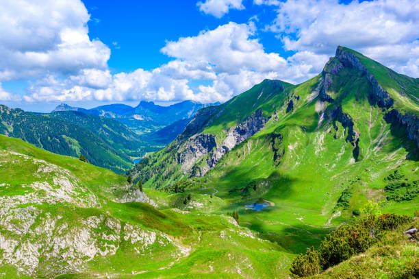 alplsee и rote spitze mountain в таннхаймер таль с vilsalpsee на заднем плане, красивые горные пейзажи в альпах в таннхайме, реутте, тироль - австрия - rote spitze стоковые фото и изображения