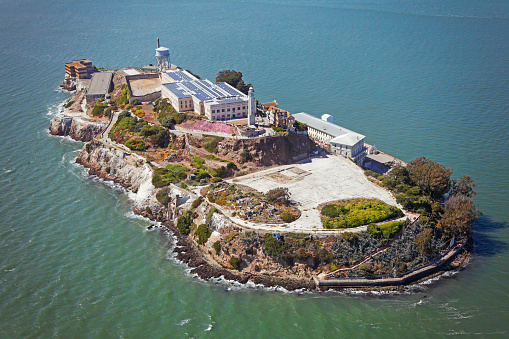 Aerial view of Alcatraz Island with the abandoned prison in San Francisco