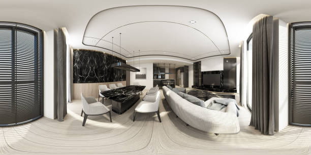 istock Apartment Living area with kitchen in modern luxury style interior design Full spherical 360 degrees view panorama 3d rendering 1255691359