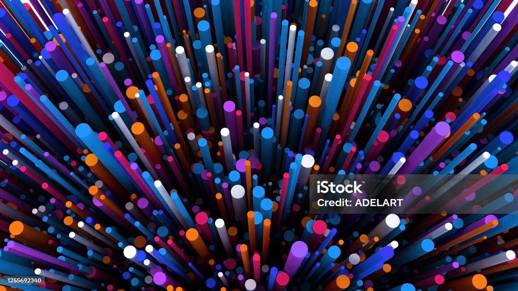 3d render cylinders background. Geometric shapes. Cylinders backdrop. Trendy modern wallpaper. 3d illustration. Fiber. Futuristic. Particle explosion. Spore. Abstract texture. Abstract Stock Photo