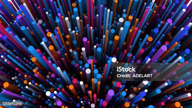 3d Render Cylinders Background Geometric Shapes Cylinders Backdrop Trendy Modern Wallpaper 3d Illustration Fiber Futuristic Particle Explosion Spore Abstract Texture Stock Photo - Download Image Now