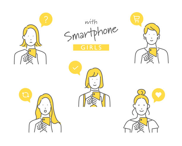 ilustrações, clipart, desenhos animados e ícones de usando um smartphone para algo - woman cellphone