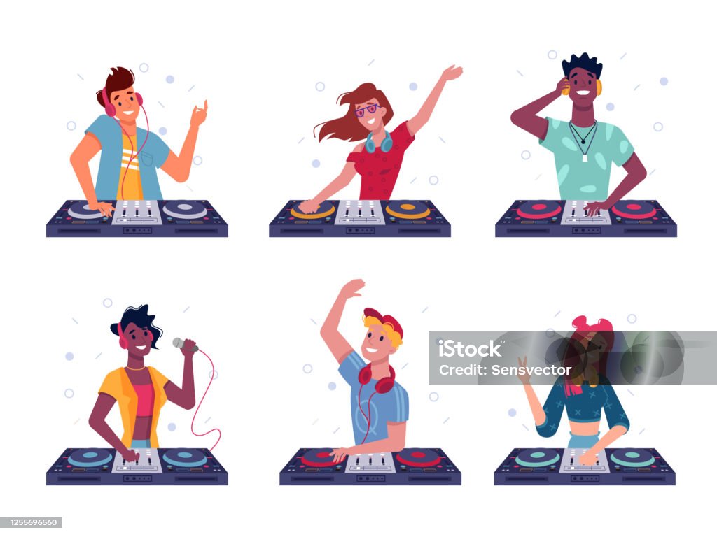 Set Of Isolated Dj At Turntable Party Man And Woman Play At Disco Cartoon  Male And Female With Headphone And Mic Vinyl Night Discotheque Or Nightclub  Sign Disc Jockey Scratching Music Sound