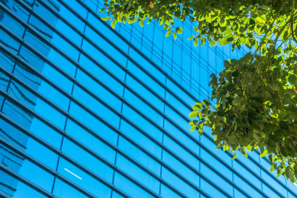 istock modern office building with green leaves 1255698429