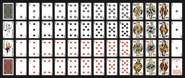 ilustrações de stock, clip art, desenhos animados e ícones de 52 russian playing cards with jokers - poker cards royal flush heart shape