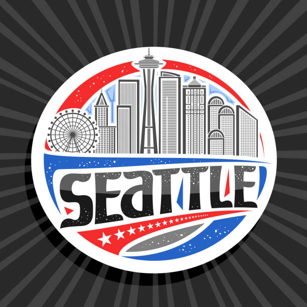 Vector label for Seattle Vector label for Seattle, white decorative tag with outline illustration of modern seattle city scape on day sky background, art design tourist fridge magnet with unique letters for black word seattle. washington state line art stock illustrations