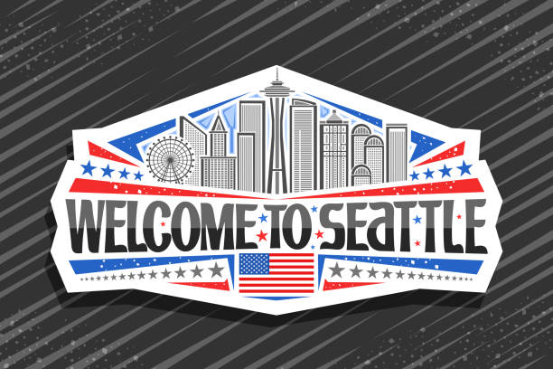 Vector label for Seattle Vector label for Seattle, white decorative badge with line illustration of famous seattle city scape on day sky background, tourist fridge magnet with unique letters for black words welcome to seattle. washington state line art stock illustrations