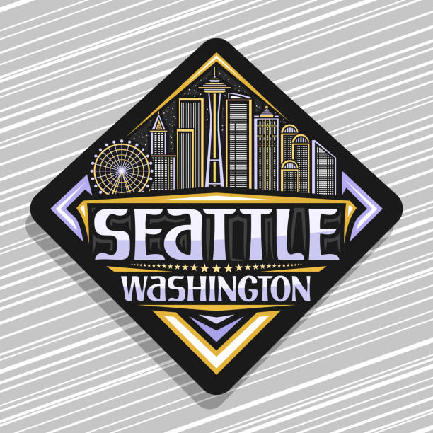 Vector label for Seattle Vector label for Seattle, black road sign with illustration of modern seattle city scape on twilight sky background, art design tourist fridge magnet with unique letters for word seattle, washington. seattle ferris wheel stock illustrations