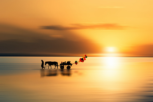 Old man and his family are walking on the water with a carriage. Salt Lake in Turkey