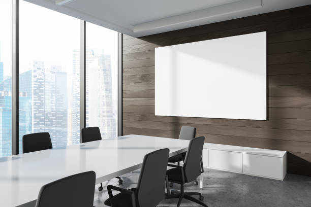istock Wooden panoramic meeting room corner with poster 1255704779