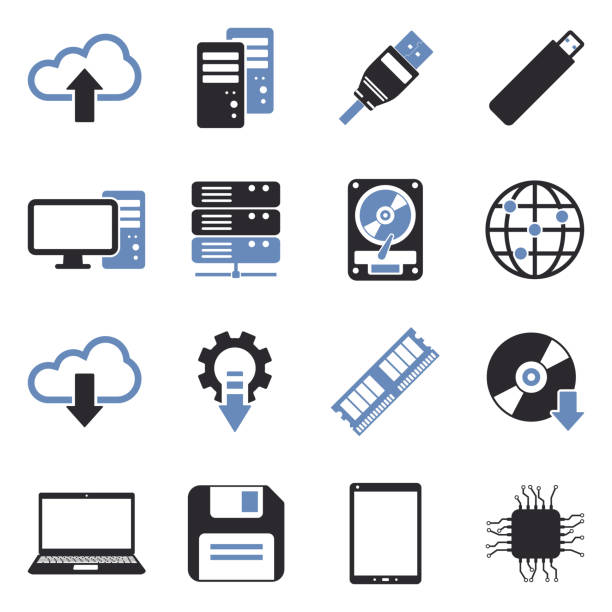 значки ит и сети. два тона плоский дизайн. векторная иллюстрация. - usb flash drive data symbol computer icon stock illustrations