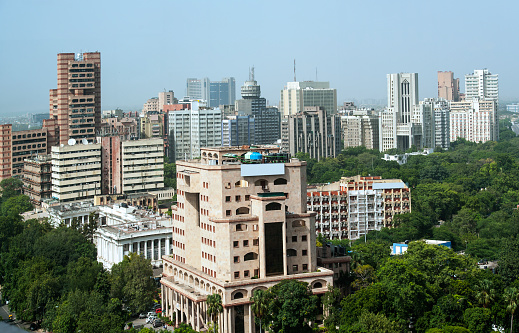 Panoramic arial day light, blue skyline view of central New Delhi near central park  Connaught please ,New Delhi  India.