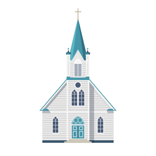 Catholic Church with cross, door and windows front facade isolated on white background. Vector Illustration Catholic Church with cross, door and windows front facade isolated on white background. Vector Illustration steeple stock illustrations