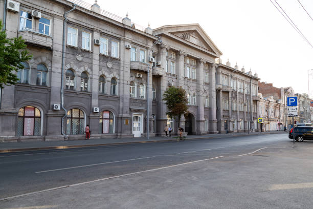 Landmark in the city center, the facade of a beautiful old building on Moskovskaya street, architecture of the 19-20 century historical monument Saratov, Saratov Region, Russia - 07/06/2019: Landmark in the city center, the facade of a beautiful old building on Moskovskaya street, architecture of the 19-20 century historical monument moskovskaya stock pictures, royalty-free photos & images