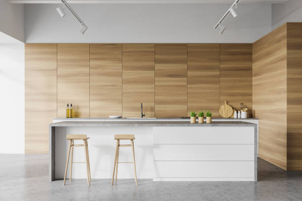 istock White and wooden kitchen interior with island 1255707187