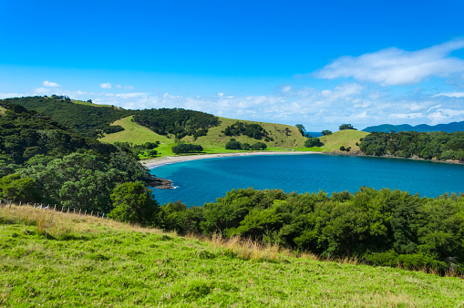 Scenic landscape, lush green meadow on hills, blue ocean water of harbor and clouds in the sky