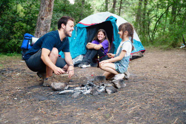 istock Father and daughter roast marshmallow candies on campfire in forest 1255707465