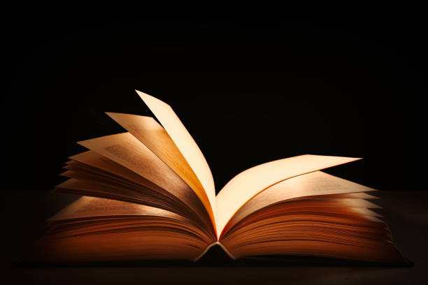 istock Open book on a dark background, pages softly illuminated, concept of leafing thru the pages 1255707613